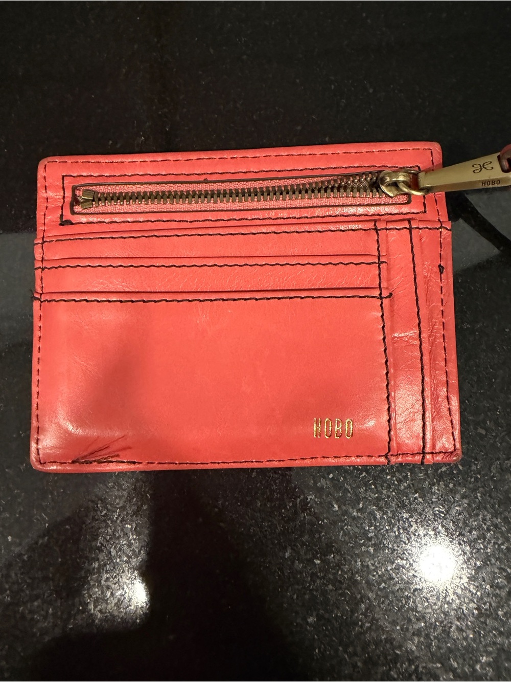 HOBO Coral Pink Leather Card Case with Zip Pocket